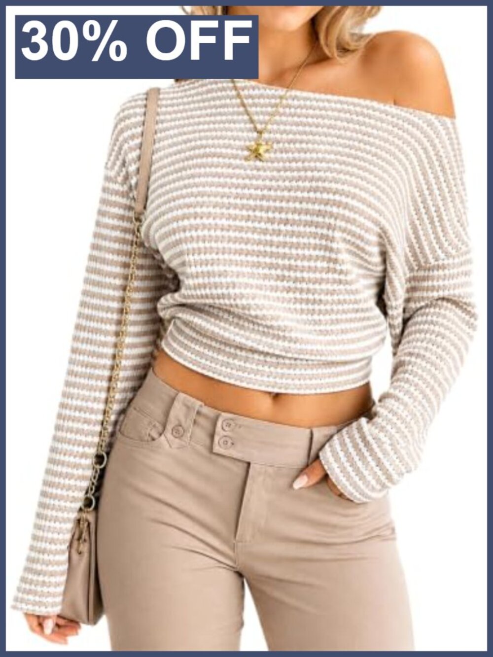 Off Shoulder Striped Long Sleeve Knit Crop Top S